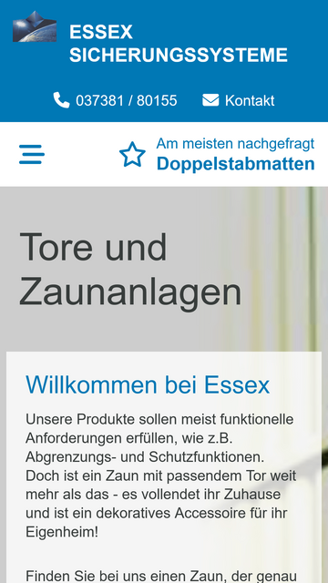 Mobile Ansicht der Essex Sicherungssysteme GmbH, einem Anbieter von Toren und Zaunanlagen