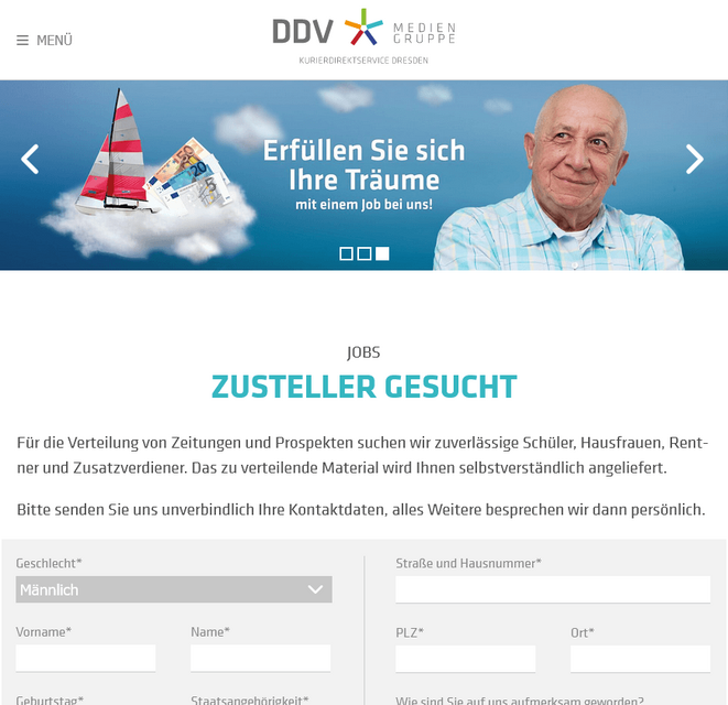 Tablet-Ansicht der Karriereseite mit Slider und Formular von Kurier Direktservice Dresden