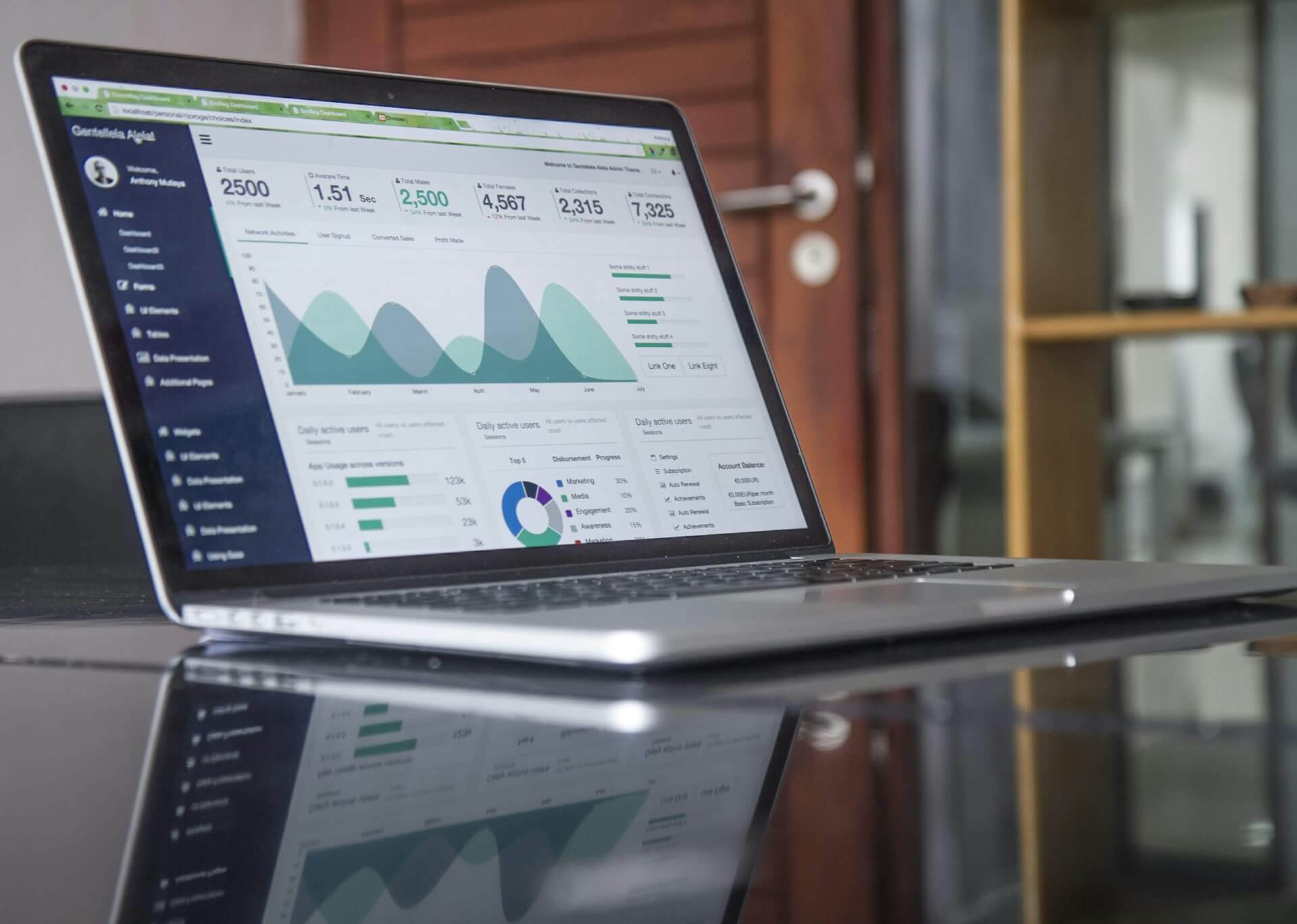 Ein Laptop steht auf einem Glasschreibtisch, eine Analytics-Software ist auf dem Bildschirm zu sehen